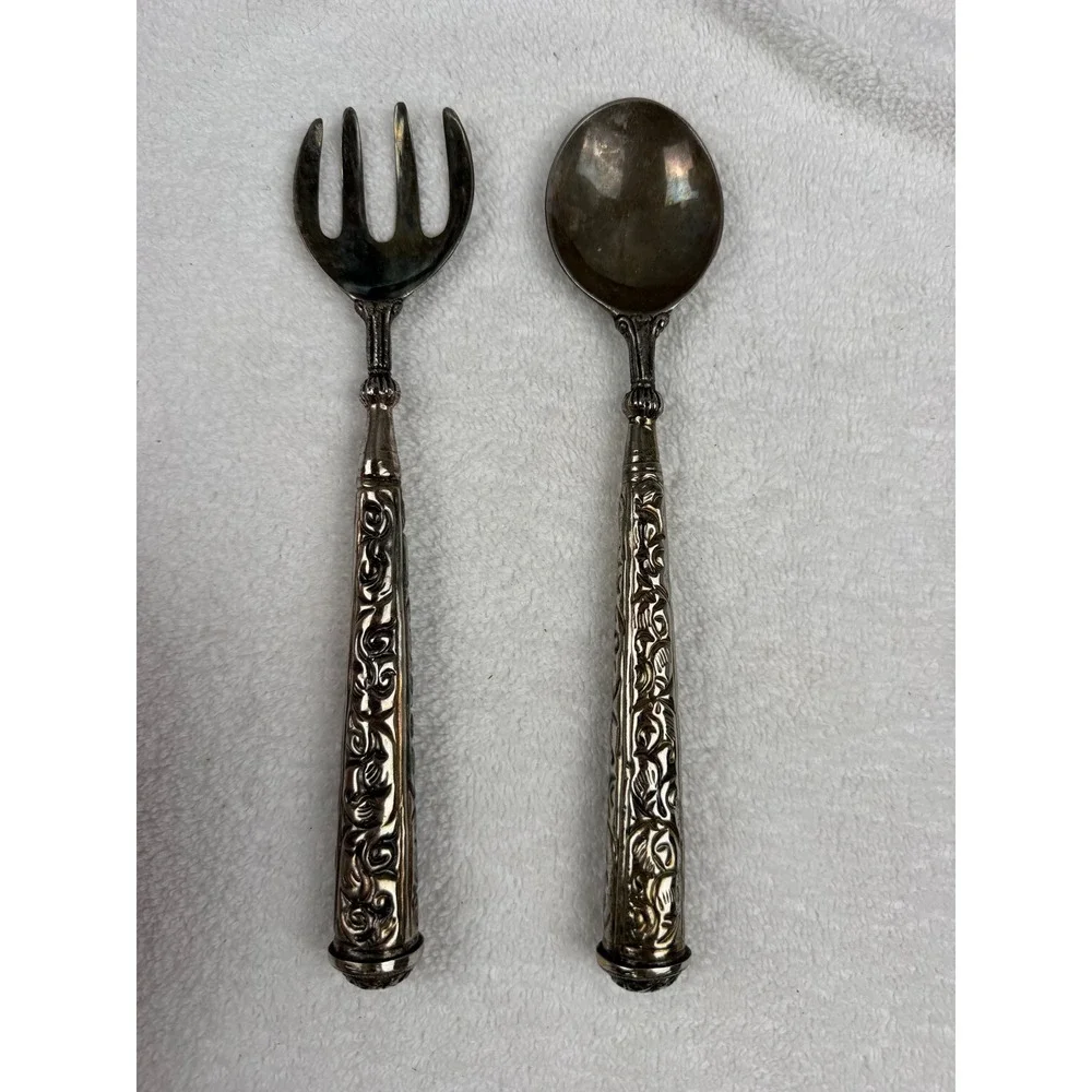 Vintage Ornate Silverplate Salad Serving Set Embossed Scroll Handle Fork Spoon